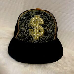 Hustle $ Cap Embroidered Men’s Leader Sport XL Fitted Black Gold Rhinestones